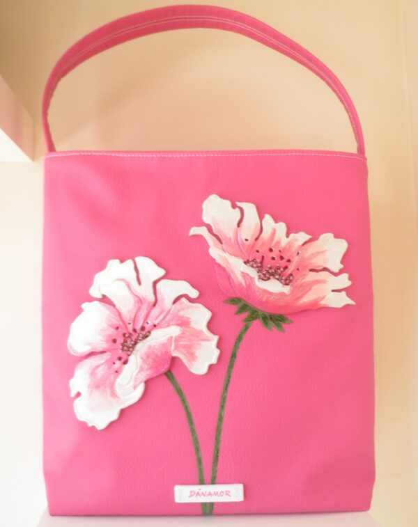 Bolso shopper rosa con flores blancas